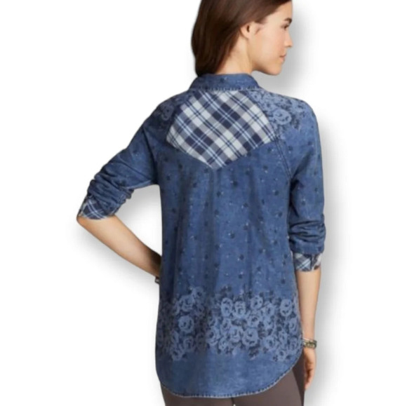 Free People Dottie Over You Chambray Button Up Floral and Plaid Blouse Medium - Picture 6 of 16
